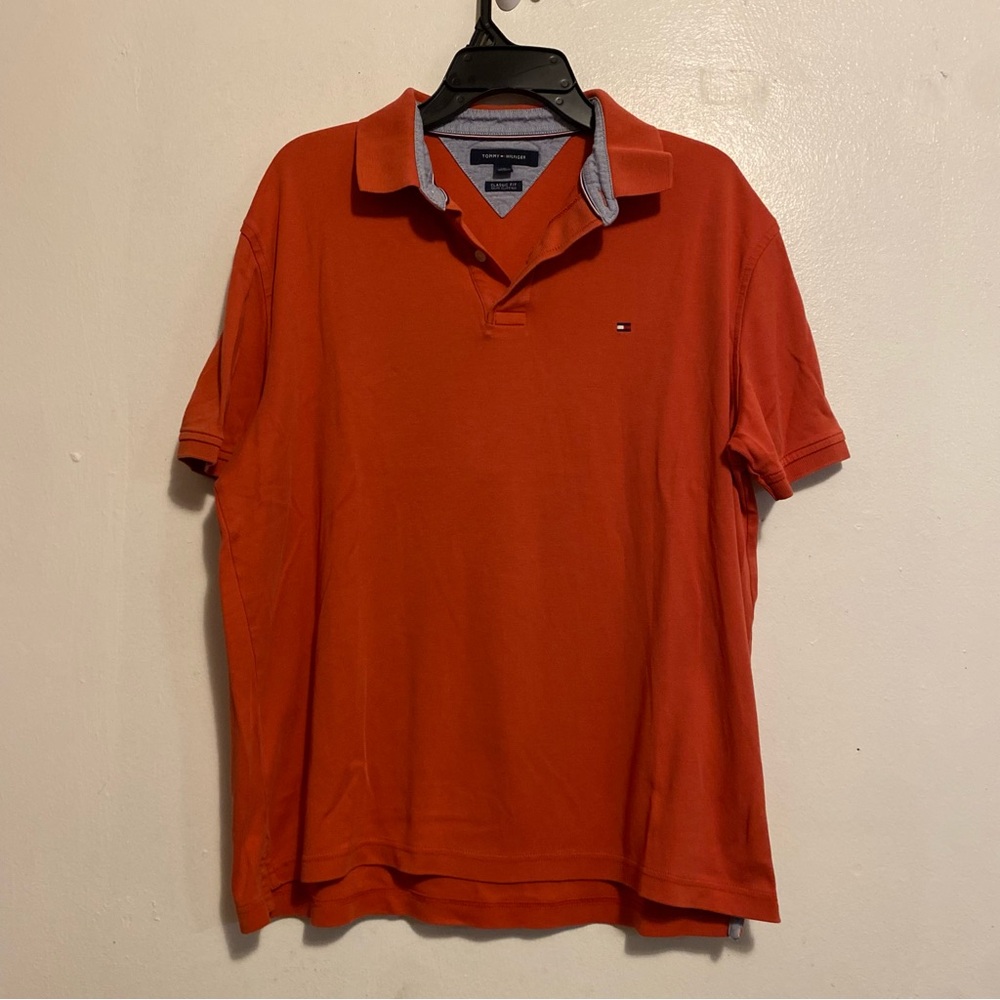 Tommy Hilfiger Men's Orange Polo Shirt Size Large Classic Fit Button Front